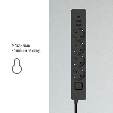 Фільтр живлення ColorWay 4 розетки, 3USB (2USB-A + 1 TYPE-C) (24W), 2м, Black (CW-CHE435PDB) [605278]