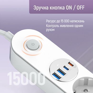 Фільтр живлення ColorWay 4 розетки, 4USB (Type-C PD20W + 3USB QC3.0) (45W), 2 м, White (CW-CHE44PDW) [619936]