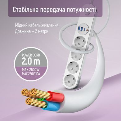 Фільтр живлення ColorWay 4 розетки, 4USB (Type-C PD20W + 3USB QC3.0) (45W), 2 м, White (CW-CHE44PDW) [619936]