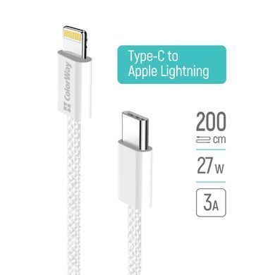 Кабель ColorWay USB Type-C - Lightning (M/M), (braided cotton) (PD Fast Charging 27W), 2 м, Gray (CW-CBPDCL068-GR) [604318]