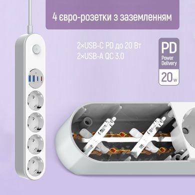 Фільтр живлення ColorWay 4 розетки, 4USB (Type-C PD20W + 3USB QC3.0) (45W), 2 м, White (CW-CHE44PDW) [619936]