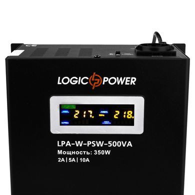 Джерело безперебійного живлення LogicPower LPA-W-PSW-500VA (350Вт)2A/5A/10A, Lin.int., AVR, 1 x евро, LCD, металл, з правильною синусоїдою 12V, настінний (LP7145) [610721]
