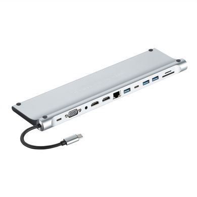 Хаб 2E USB-С > USB-A 2.0/2xUSB-A 3.0/2xUSB-C PD/2xHDMI/VGA/jack3.5/microSD/SD/Ethernet, 0.15м, сірий (2E-W2703) [114390]