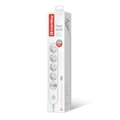 Фільтр живлення ColorWay 4 розетки, 4USB (Type-C PD20W + 3USB QC3.0) (45W), 2 м, White (CW-CHE44PDW) [619936]