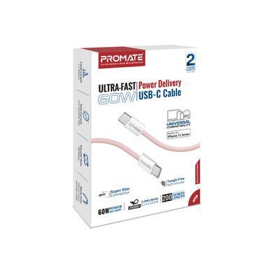 Кабель Promate EcoLine-CC200 USB Type-C - USB Type-C (M/M), 3 A, 60 W, 2 м, Pink (ecoline-cc200.pink) [604309]