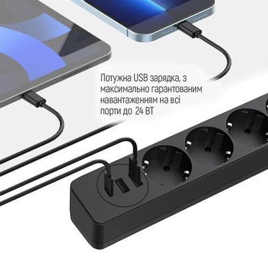 Фільтр живлення ColorWay 4 розетки, 3USB (2USB-A + 1 TYPE-C) (24W), 2м, Black (CW-CHE435PDB) [605278]