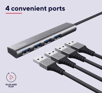 Хаб Trust Halyx USB-A > 4xUSB-А 3.2, Алюміній, 0.1м, Сірий (24947_TRUST) [108808]