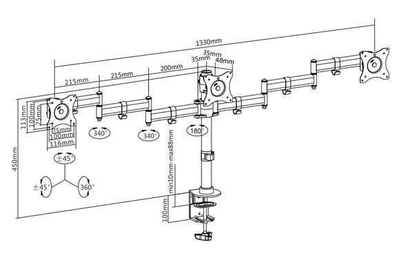 Кріплення DIGITUS Triple Monitor Clamp, 15-27", з нахилом, поворотом (DA-90362) [17001]