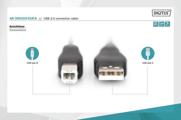 Кабель USB, тип A - B M/M, 1,8 м, чорний DIGITUS by ASSMANN (AK-300102-018-S) [502683]