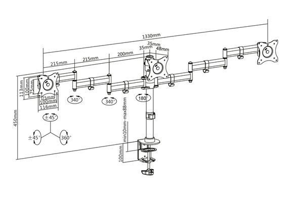 Кріплення DIGITUS Triple Monitor Clamp, 15-27", з нахилом, поворотом (DA-90362) [17001]