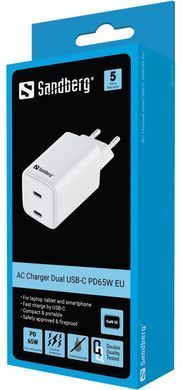 Зарядний пристрій 2xUSB 65W (2xUSB-C) Gan III білий Sandberg (441-56) [402135]