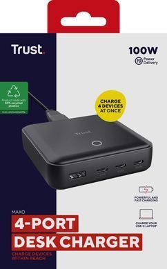 Зарядний пристрій мережевий Trust Maxo 100Вт, 3xUSB-C/USB-A,PD, чорний (25242_TRUST) [108429]