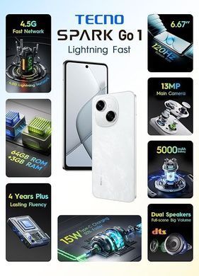 Смартфон Tecno Spark Go 1 (KL4) 3/64GB Glittery White (4894947036446) [612381]