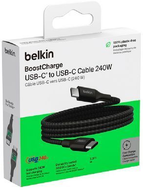 Кабель USB-C > USB-C заряджання/синхронізації Belkin 1м, 240Вт, Type-C, плетений, чорний (CAB015BT1MBK) [108672]