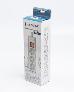 Фільтр живлення Gembird Pro 3 розетки, 1.8м, сірий (SPG3-G-6G-PRO) [605251]