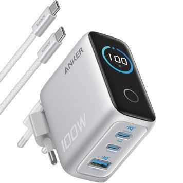 Мережевий зарядний пристрій Anker GaN Charger 100W, 2xUSB-C, 1xUSB-A, Display Silver + кабель USB Type-C (B121BG41) [618058]