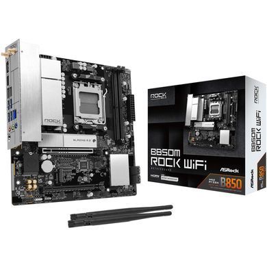 Материнська плата ASRock (AM5/B850, 2*DDR5, PCIex16, HDMI/DP, 4xSATAIII,2xM.2, 2.5GLan, mATX) (B850M ROCK WIFI) [405616]