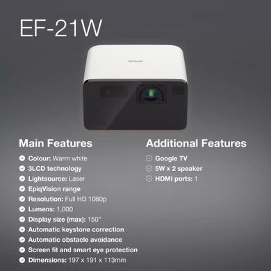Проєктор Epson EF-21W FHD, 1000 lm, LASER, 1, Google TV, Diamond White (V11HB35040) [105414]