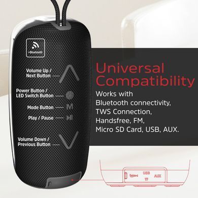 Акустична система 1.0 Energizer 16Вт Bluetooth 5.2/MicroSD/USB/AUX/FM/TWS, IPX65, чорна (BTS164) [404799]