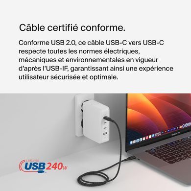 Кабель USB-C > USB-C заряджання/синхронізації Belkin 1м, 240Вт, Type-C, плетений, чорний (CAB015BT1MBK) [108672]