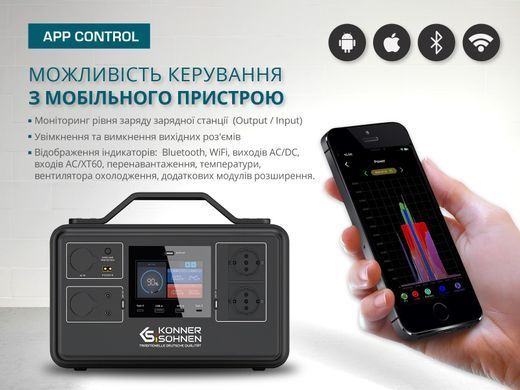 Портативна електростанція Konner&Sohnen KS 1200PS, 1200Вт, 1030Вт/год, LifePo4, Bluetooth, 12.4кг (KS1200PS) [114158]