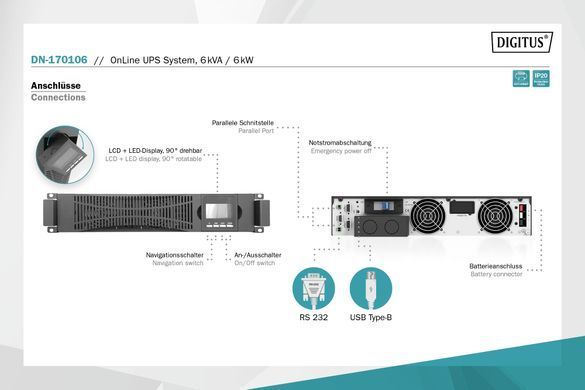 Силовий блок ДБЖ DIGITUS 6kVA/6kW, RTU2, LCD, RS232, USB, Hardwire In/Out (DN-170106) [103014]