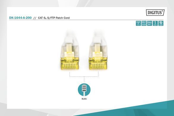 Патч-корд DIGITUS CAT 6а SF-UTP, 20м, AWG 26/7, Cu, LSZH, сірий (DK-1644-A-200) [110150]