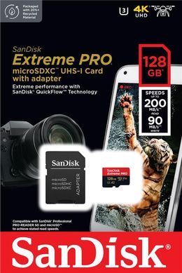 Карта пам'яті SanDisk microSD 128GB C10 UHS-I U3 R200/W90MB/s Extreme Pro V30 + SD (SDSQXCD-128G-GN6MA) [109474]