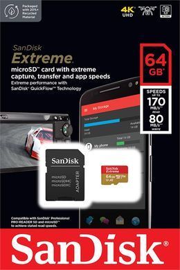 Карта пам'яті SanDisk microSD 64GB C10 UHS-I U3 R170/W80MB/s Extreme V30 + SD (SDSQXAH-064G-GN6MA) [108926]