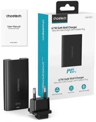 Зарядний пристрій 2xUSB 65W (USB-C+USB-A) GaN, Ultra thin чорний Choetech (PD6011-EU-BK) [402136]