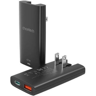 Зарядний пристрій 2xUSB 65W (USB-C+USB-A) GaN, Ultra thin чорний Choetech (PD6011-EU-BK) [402136]