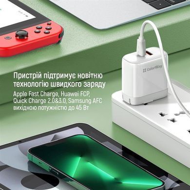 Мережевий зарядний пристрій ColorWay Power Delivery Port PPS USB (Type-C PD + USB QC3.0) (45W) White (CW-CHS042PD-WT) [618165]