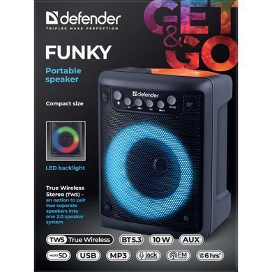Акустична система 1.0 Defender Funky 10Вт, Light/BT/FM/USB/MIC/AUX (65053) [405285]