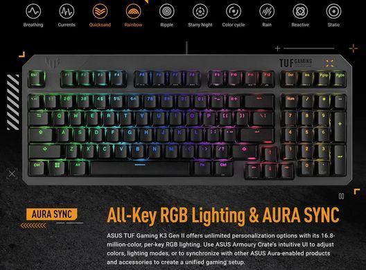 Клавіатура механічна ASUS TUF Gaming K3 Gen II, 97key, Optical-Mechanical RGB Switch, USB-A, EN/UK, чорний (90MP0390-BKMA00) [103612]