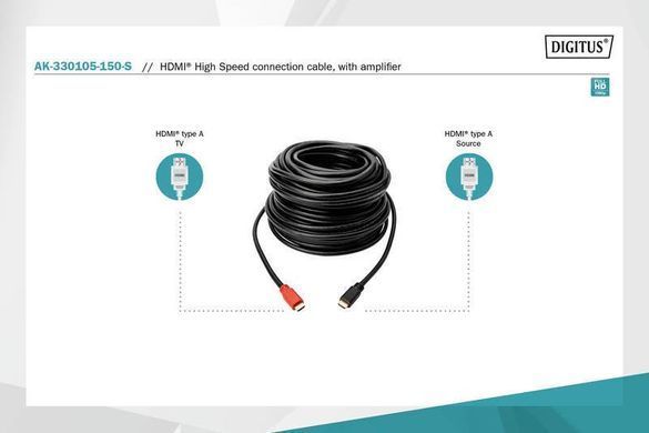 Кабель DIGITUS HDMI (M/M), High speed, активний, 15м, чорний (AK-330105-150-S) [108520]