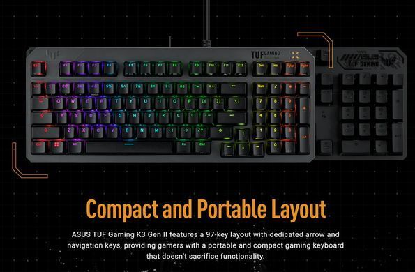 Клавіатура механічна ASUS TUF Gaming K3 Gen II, 97key, Optical-Mechanical RGB Switch, USB-A, EN/UK, чорний (90MP0390-BKMA00) [103612]