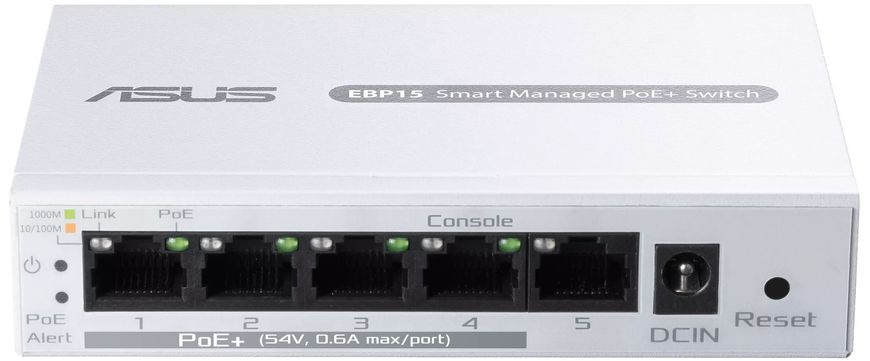 ASUS Комутатор ExpertWiFi EBP15 5xGE (4xPoE), 60Вт, Керований L2+ (90IG08D0-MO3B00)