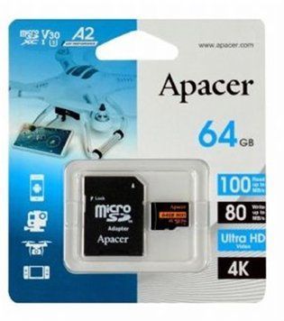 Карта пам`ятi MicroSDXC 64GB UHS-I/U3 Class 10 Apacer + SD адаптер (AP64GMCSX10U8-R) [608078]