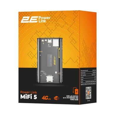 Мобільний маршрутизатор 2E PowerLink (MiFi-5) LTE, Wi-Fi4, 1xUSB, 1xType-C, 5000мА&bull;год чорний (694743655339) [14698]