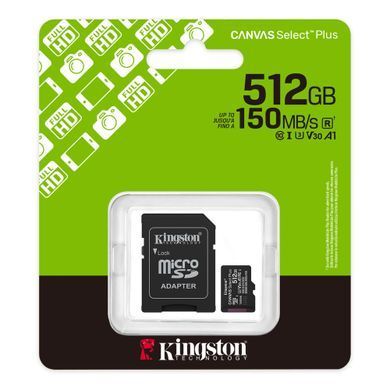 Карта пам`яті MicroSDXC 512GB UHS-I Class 10 Kingston Canvas Select Plus R150MB/s + SD-адаптер (SDCS3/512GB) [613222]