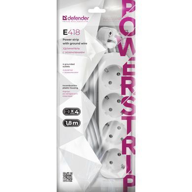 Мережевий фільтр Power filtr 1.8м Defender E418, 4 розетки, з заземленням (992250) [403507]