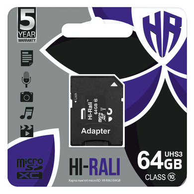 Карта пам`ятi MicroSDXC 64GB UHS-I/U3 Class 10 Hi-Rali + SD-adapter (HI-64GBSDU3CL10-01) [606958]