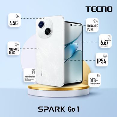 Смартфон TECNO Spark Go 1 (KL4) 6.67" 4/64ГБ, 2SIM, 5000мА&bull;год, Glittery White (4894947036453) [11261]