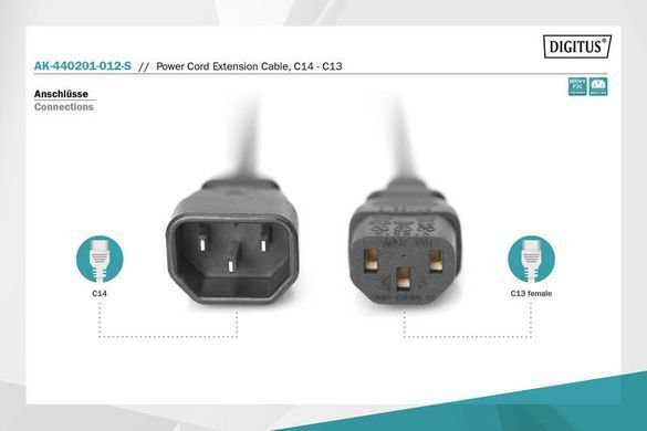 Кабель живлення DIGITUS C13 > C14, 1.2м, чорний (AK-440201-012-S) [108526]