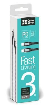 Кабель ColorWay USB Type-C - USB Type-C (M/M), PD Fast Charging, 3 А, 65W, 2 м, Grey (CW-CBPDCC039-GR) [603823]