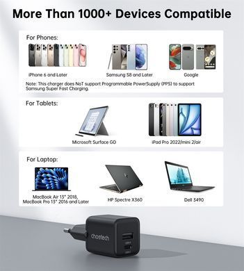 Мережевий зарядний пристрій Choetech (USB-C+USB-A) Black (PD5012-EU-BK) [619602]