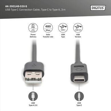 Кабель DIGITUS USB-A > USB-C заряджання/синхронізації, USB 2.0, M/M, 3м, чорний (AK-300148-030-S) [113628]