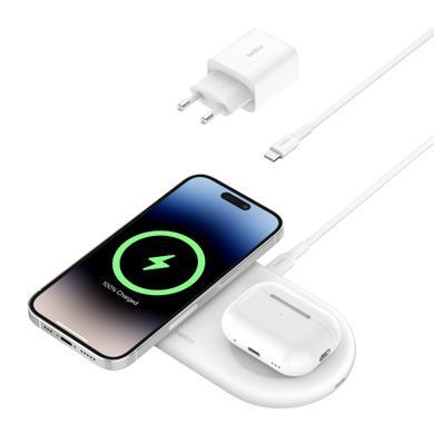 Зарядний пристрій бездротовий Belkin 2в1 15Вт Pad Qi2, білий (WIZ021VFWH) [108377]