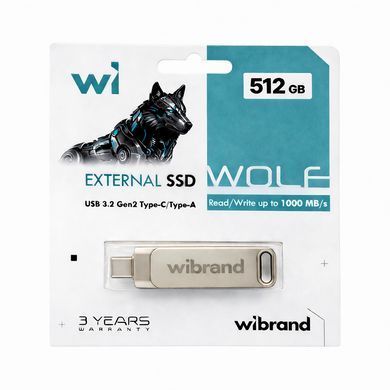 Портативний SSD Wibrand Wolf 512GB USB 3.2 Gen.2 Type-C/Type-A Read/Write 1000MB/s Silver (WIEXSSD/WO512GB) [806597]