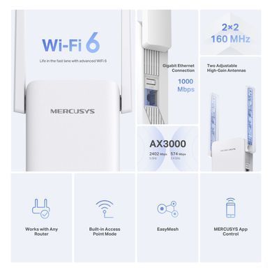 Розширювач покриття WiFi MERCUSYS AX3000, 1хGE LAN (ME80X) [110074]